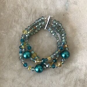 Triple strand Pearl and crystal bead handcrafted bracelet with magnetic clasp